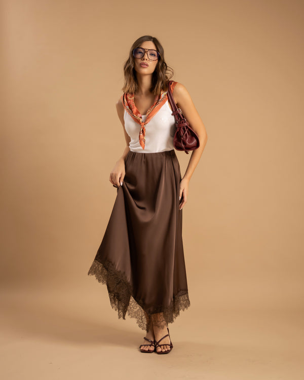 Gonna satin e pizzo MARRONE - 9793