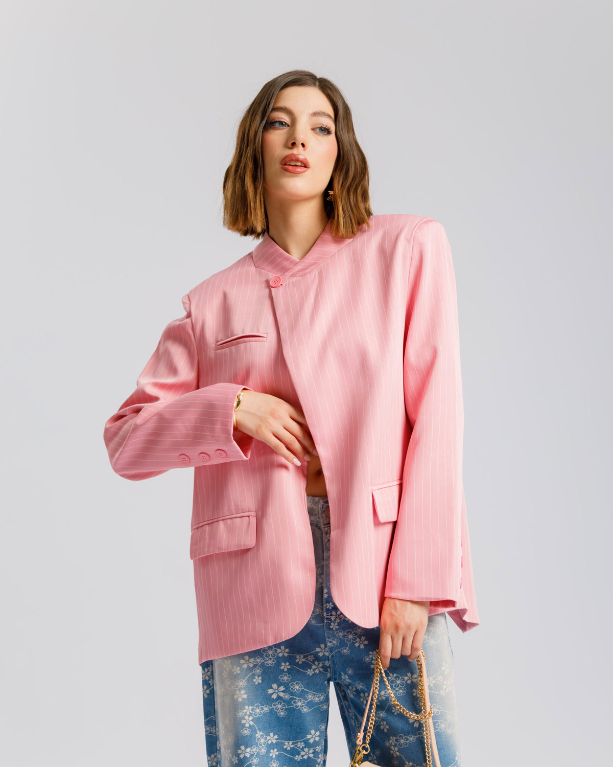 Blazer collo alto gessata ROSA - V15237