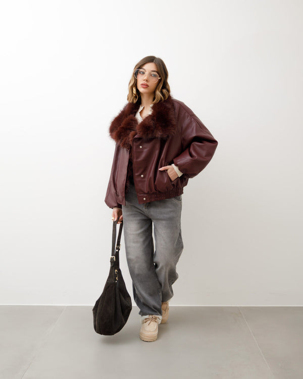 Bomber in finta pelle con eco-fur - D12081