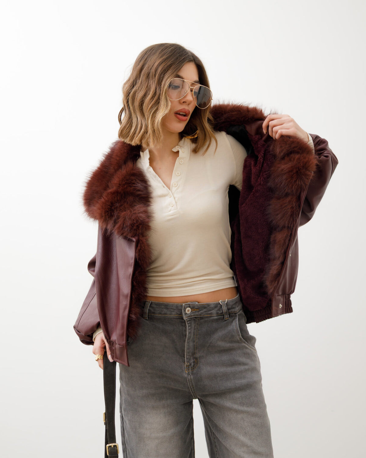 Bomber in finta pelle con eco-fur - D12081