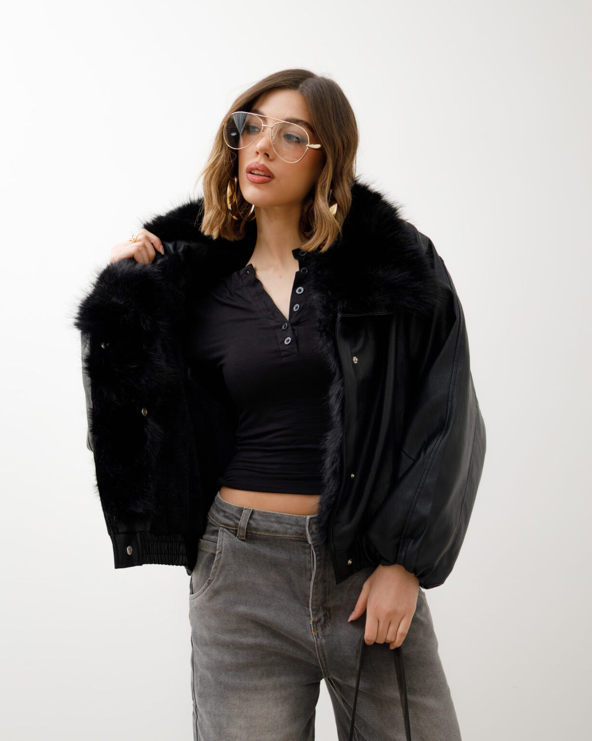 Bomber in finta pelle con eco-fur - D12081