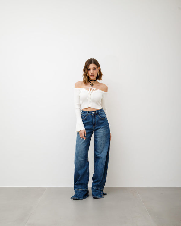 Maglia crop in costina con laccetti - PL2965