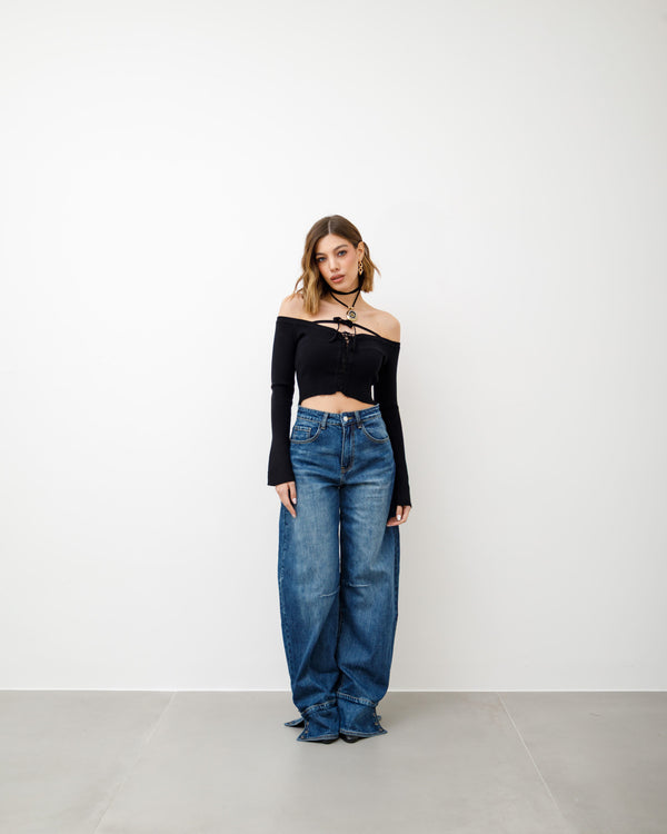 Maglia crop in costina con laccetti - PL2965