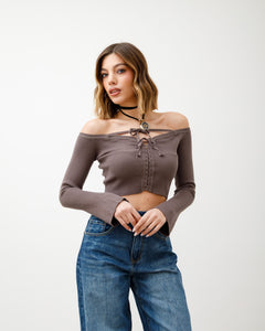 Maglia crop in costina con laccetti - PL2965