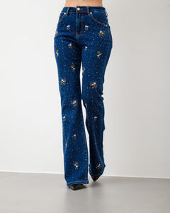 Jeans a zampa con fiori e strass - SK2510-9