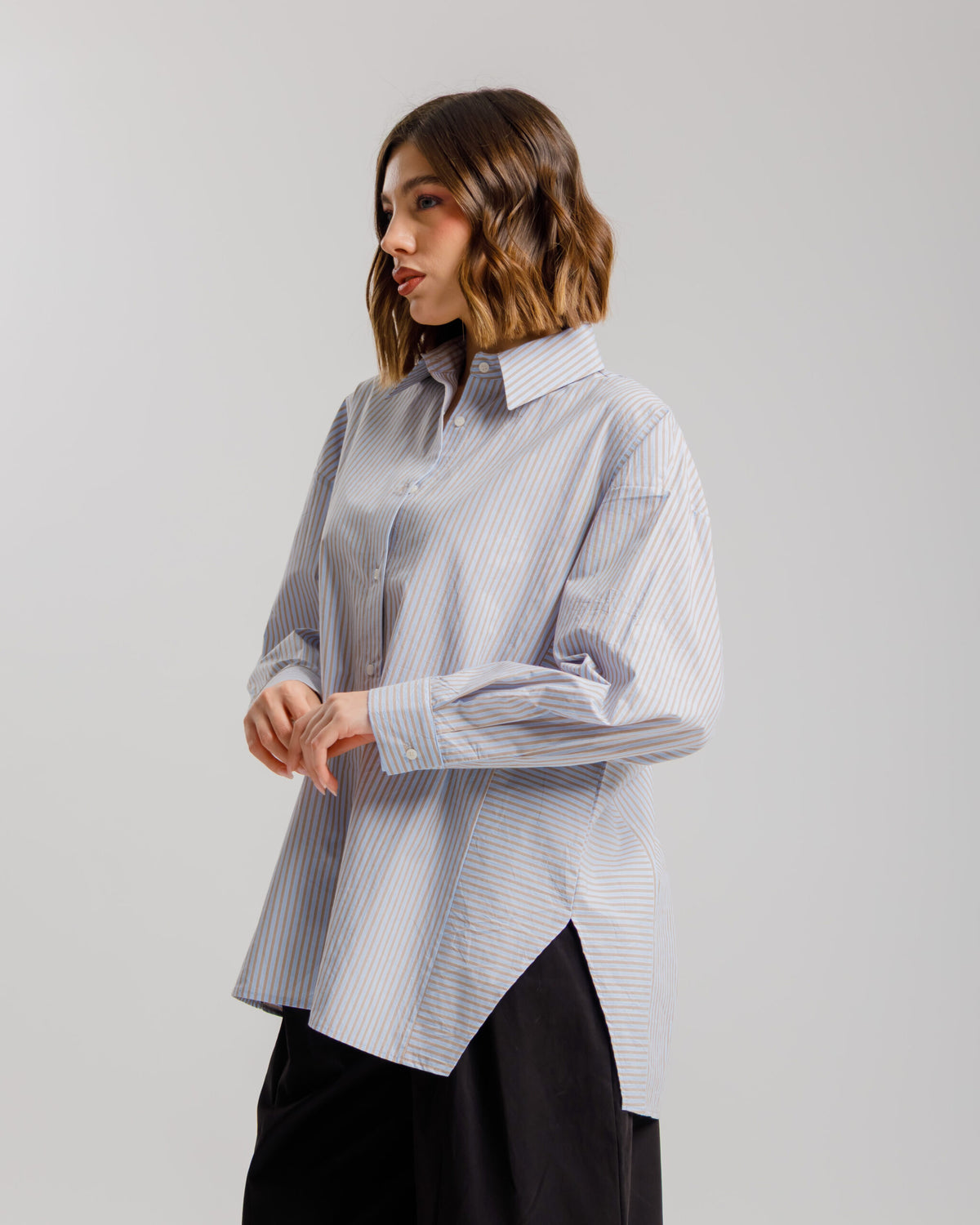 Camicia a righe in cotone azzurra ALTHÉA - C007