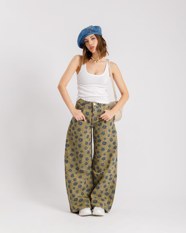 Jeans baggy flower verde - P12618