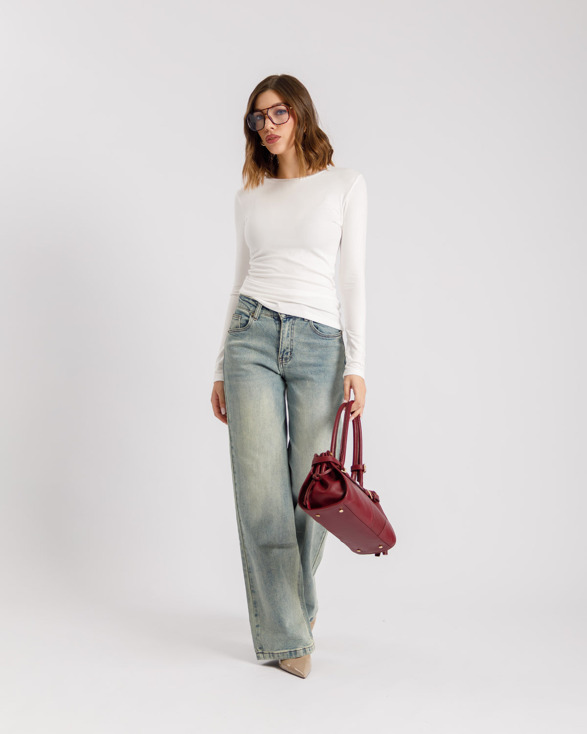 Jeans straight con tasche in finta pelle - V5133