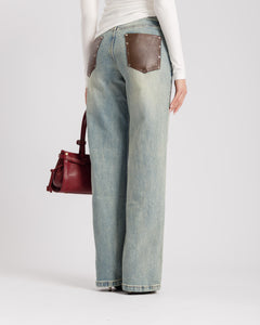 Jeans straight con tasche in finta pelle - V5133
