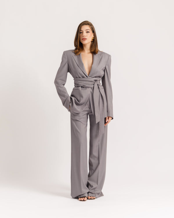 Pantalon palazzo tailleur à fines rayures GRIS - 0015