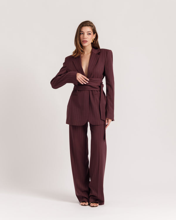 Pantalon palazzo tailleur à fines rayures BORDEAUX - 0015