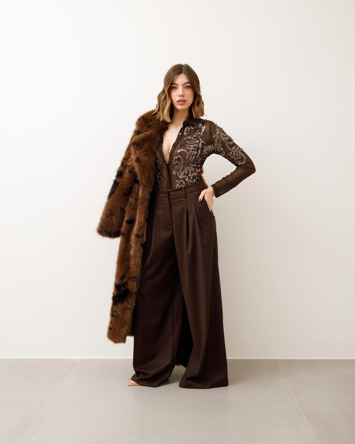 Eco-fur lunga con collo ampio stampata - A20