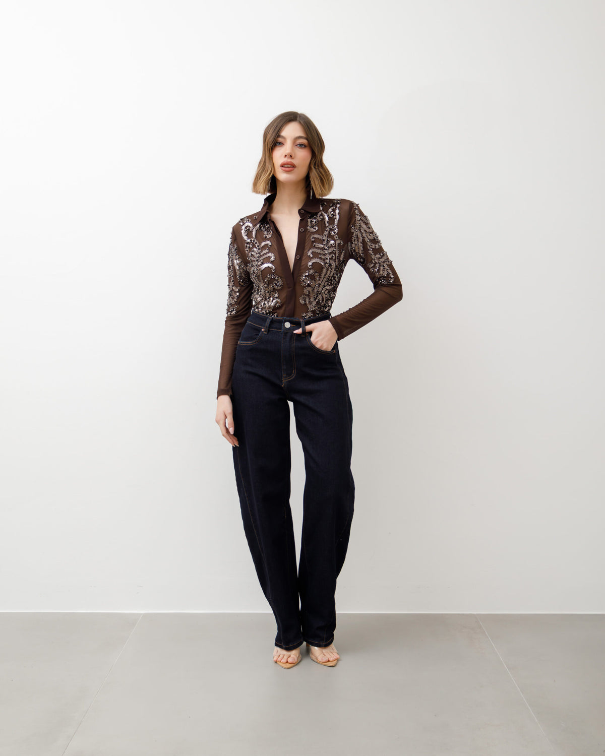 Body in tulle MARRONE con applicazioni - H240