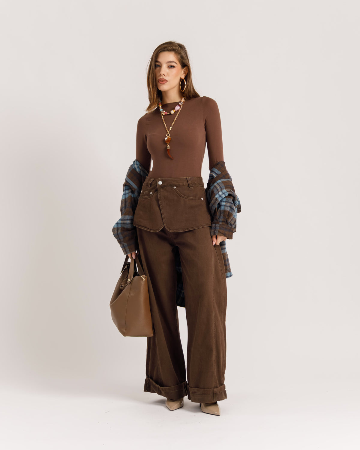 Jeans palazzo con bustino MARRONE - P16721