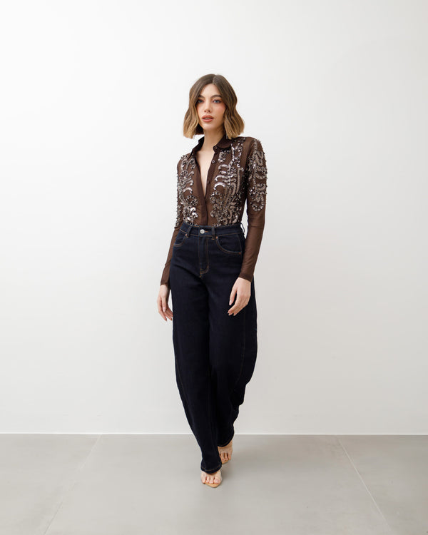 Body in tulle MARRONE con applicazioni - H240
