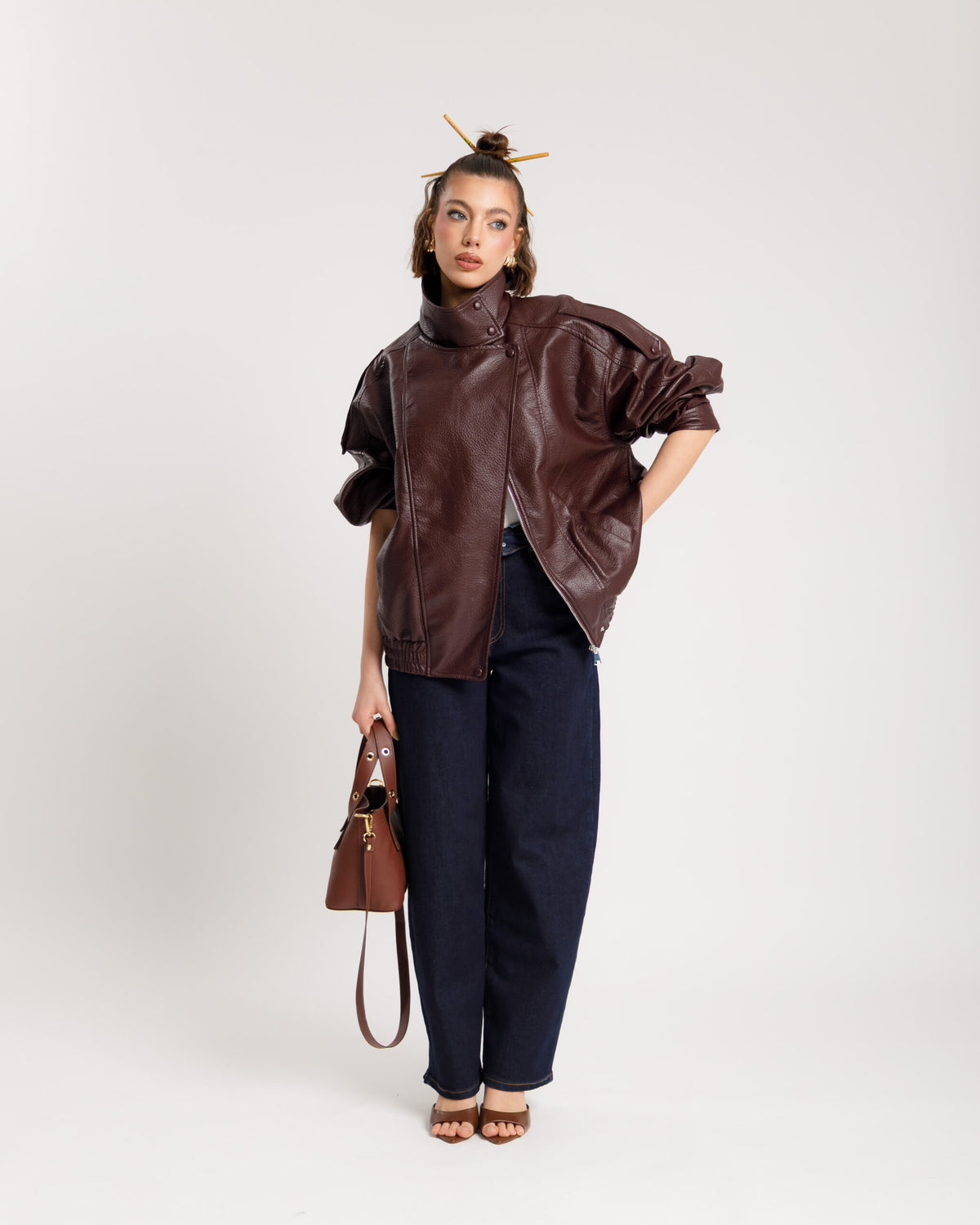 Bomber finta pelle collo alto BORDEAUX - 22001