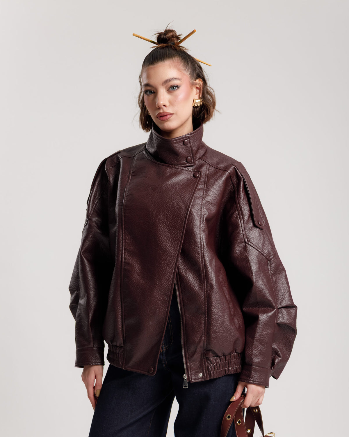Bomber finta pelle collo alto BORDEAUX - 22001