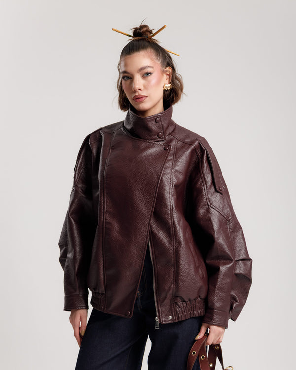 Bomber finta pelle collo alto BORDEAUX - 22001