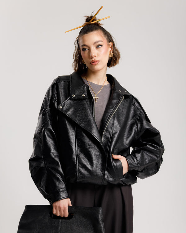 Bomber finta pelle collo alto NERO - 22001