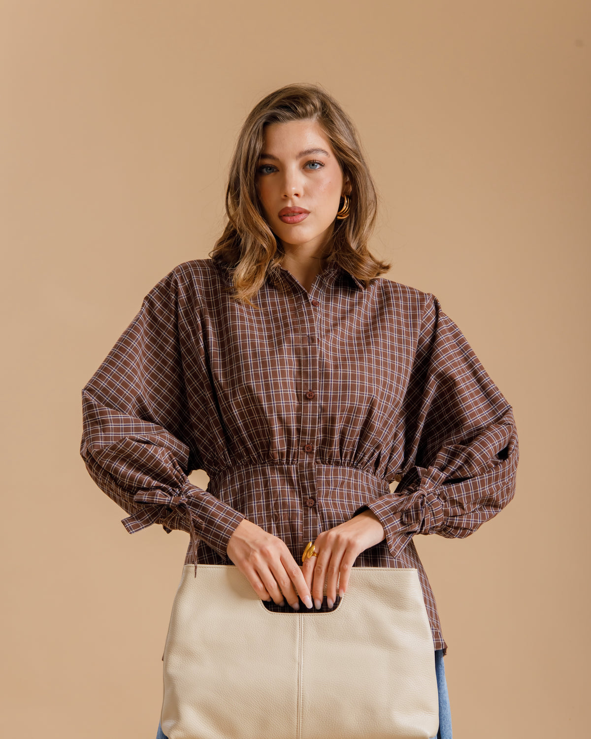 Camicia quadretti e fiocco MARRONE - PS9773