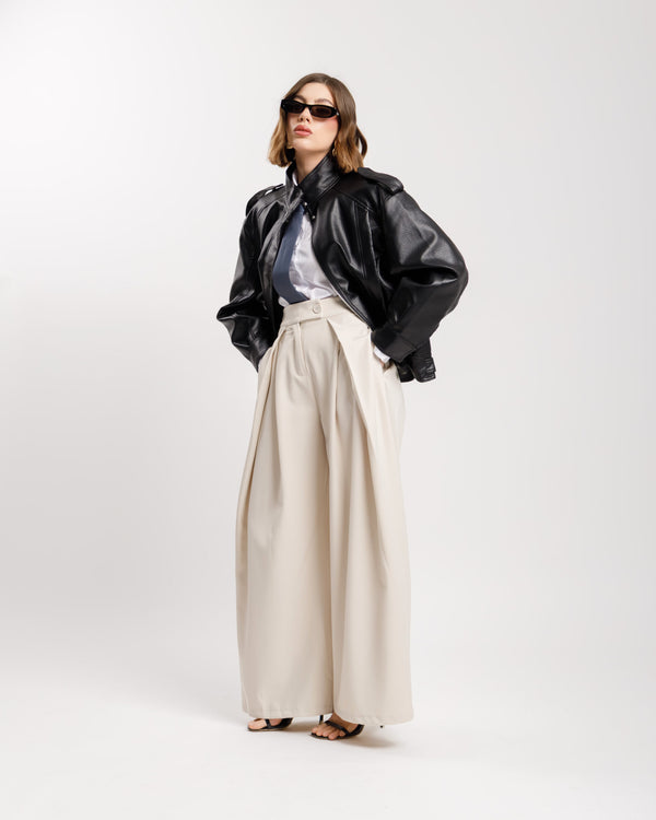 Pantaloni palazzo con pieghe PANNA - KLL1