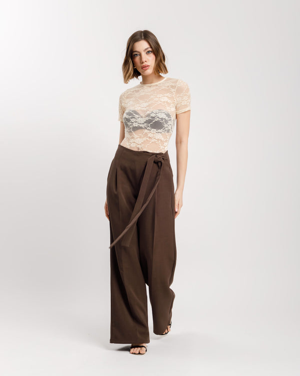 Pantaloni palazzo con fusciacca MARRONE - M778