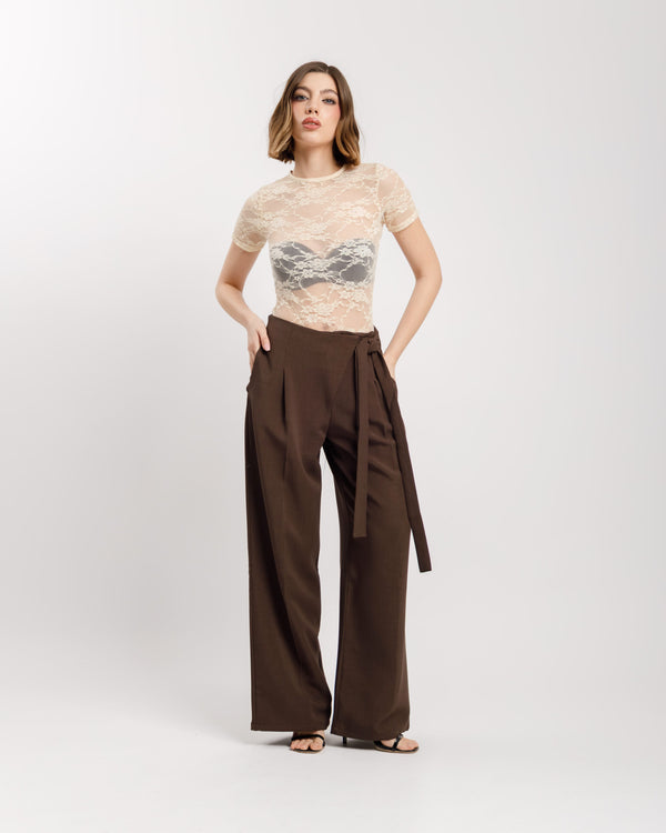 Pantaloni palazzo con fusciacca MARRONE - M778