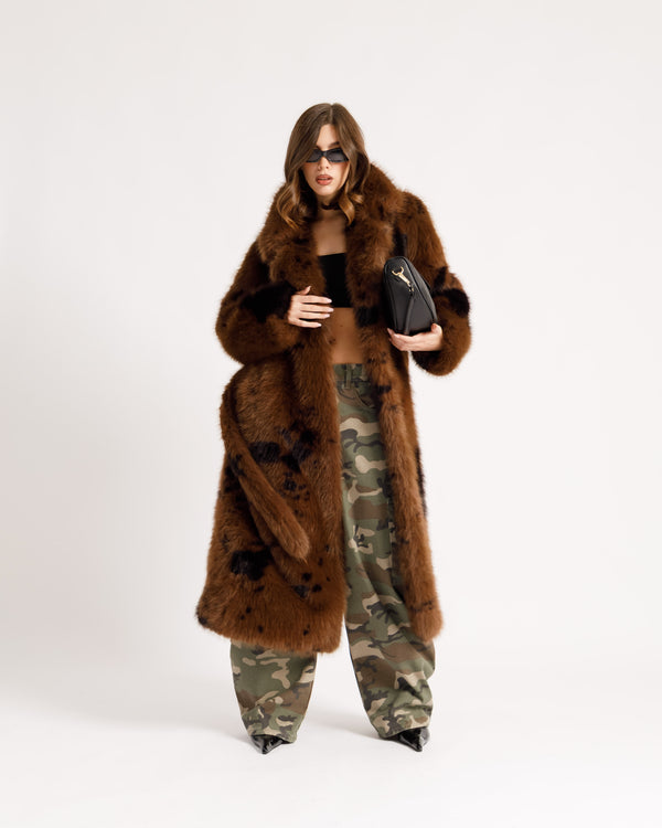 Long manteau en fausse fourrure à col large imprimé - A20