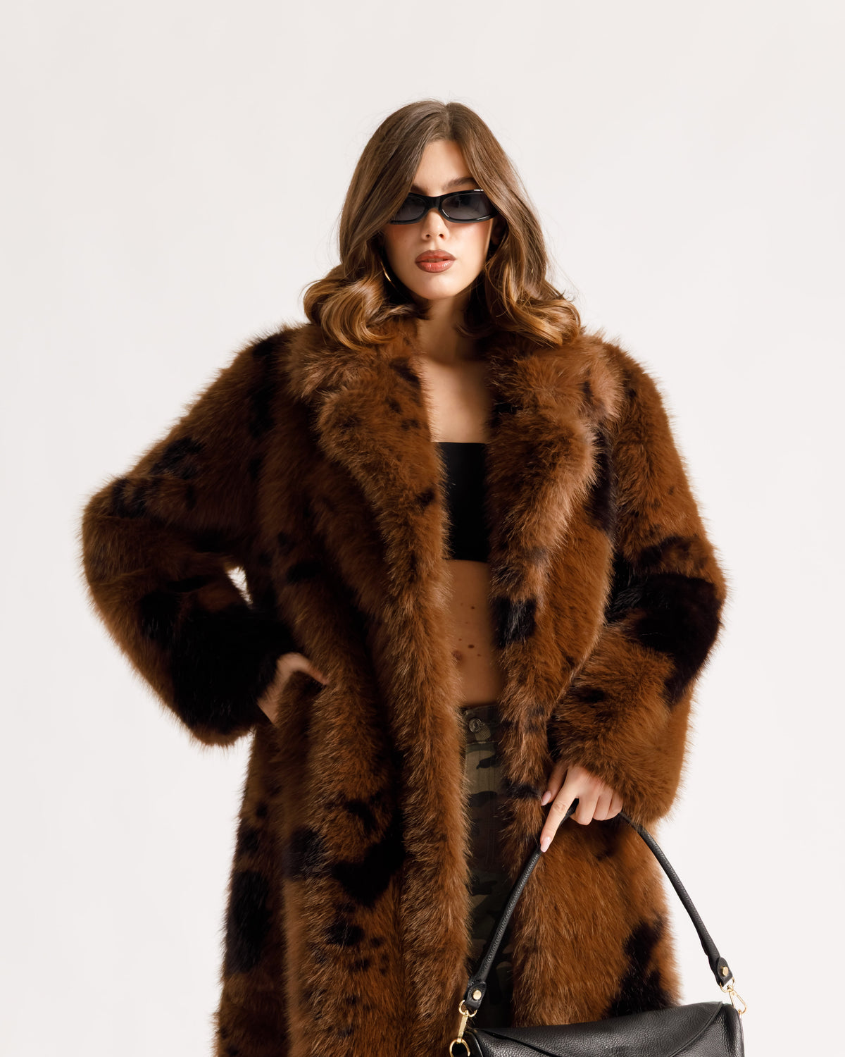 Eco-fur lunga con collo ampio stampata - A20
