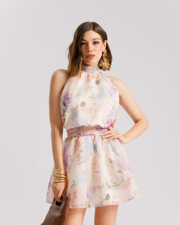Abito corto scollo halter stampa floreale - 5539