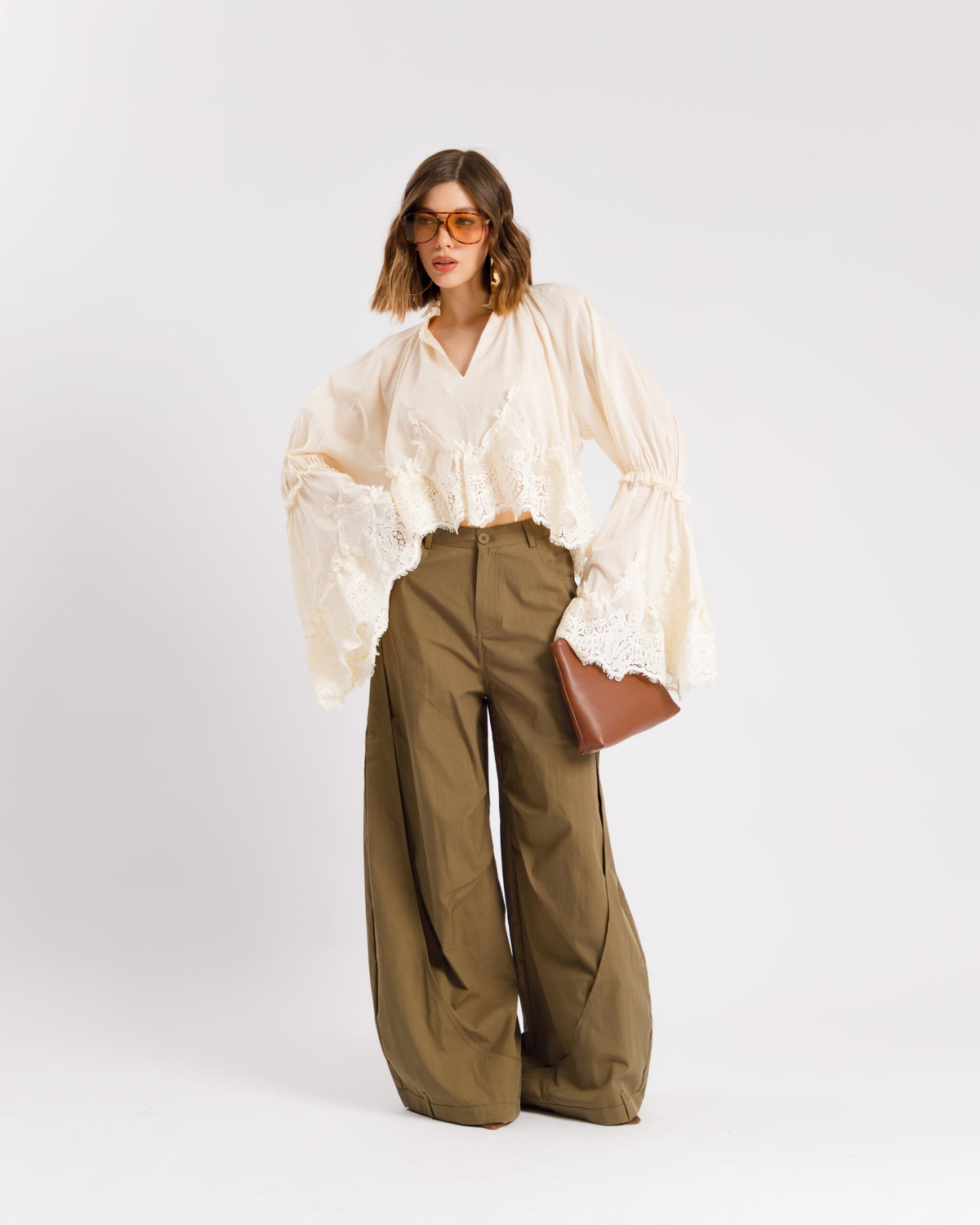 Pantaloni palazzo in cotone VERDE MILITARE - P15672