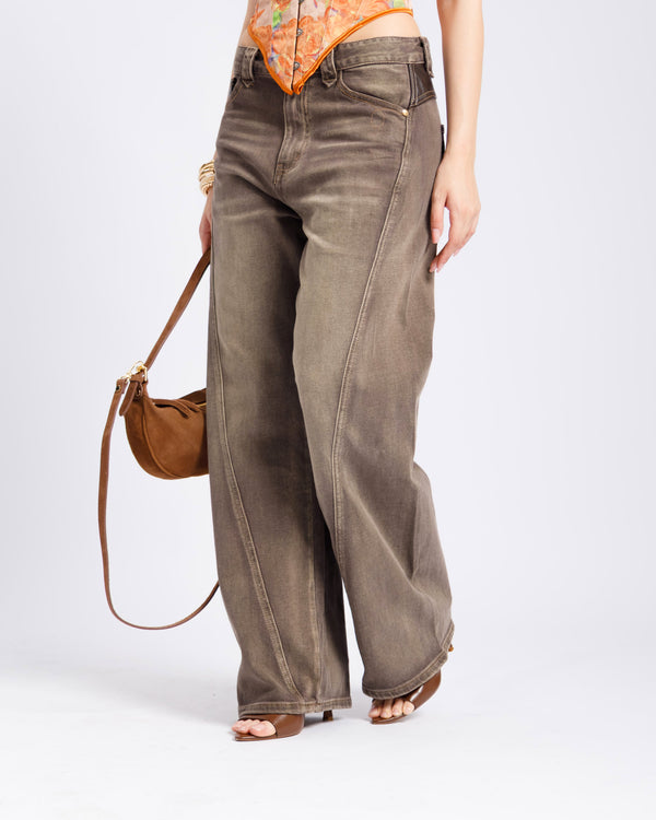 Jeans baggy con dettagli in finta pelle - H5553
