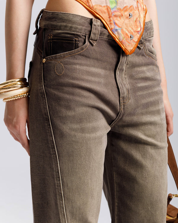 Jeans baggy con dettagli in finta pelle - H5553