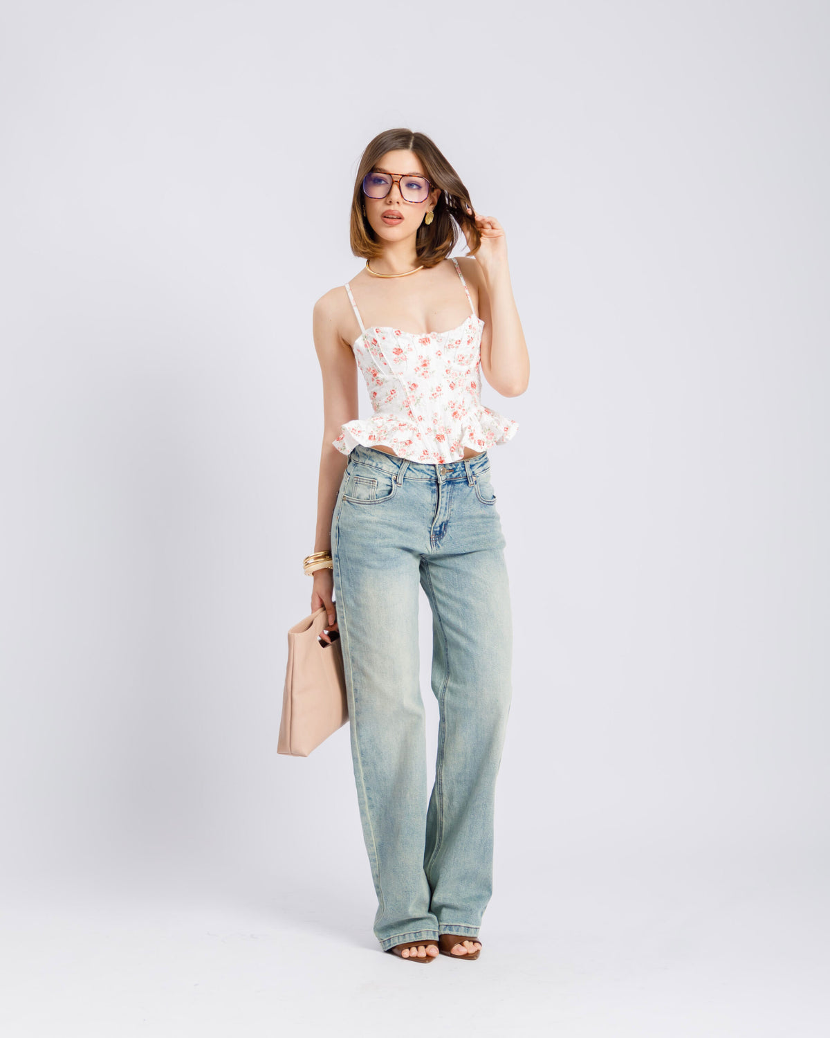 Jeans straight con tasche in finta pelle - V5133