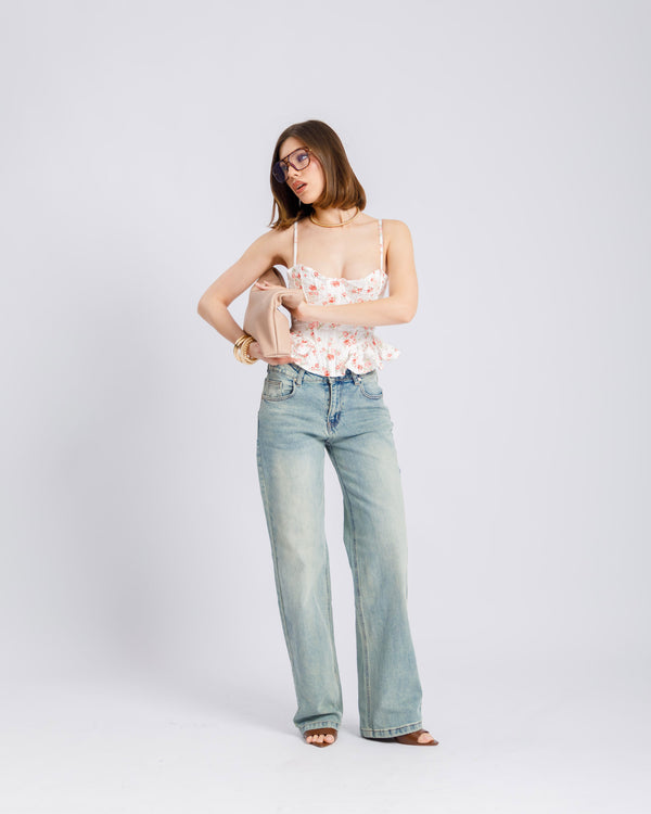 Jeans straight con tasche in finta pelle - V5133