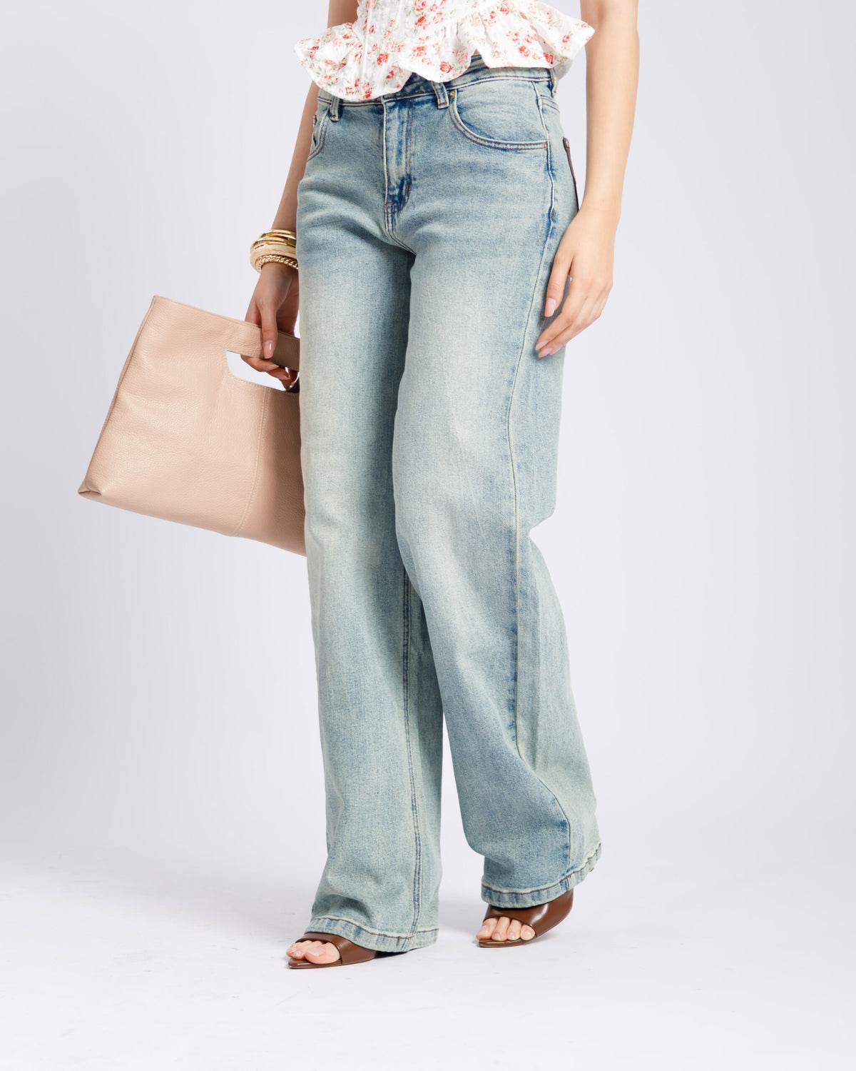 Jeans straight con tasche in finta pelle - V5133