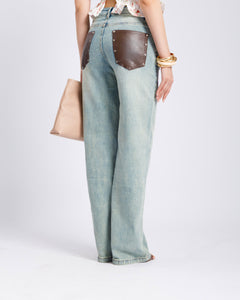 Jeans straight con tasche in finta pelle - V5133