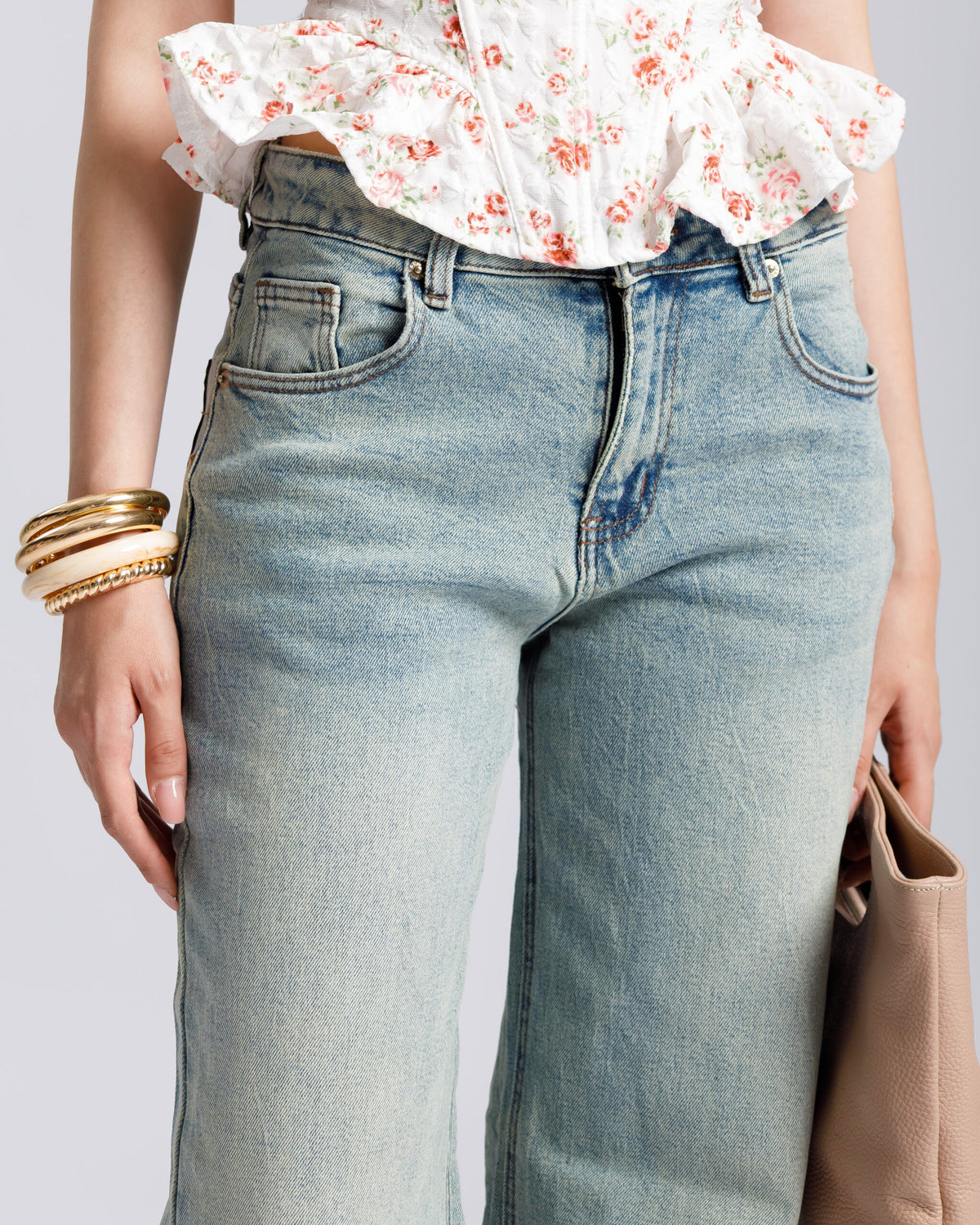 Jeans straight con tasche in finta pelle - V5133