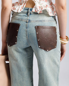 Jeans straight con tasche in finta pelle - V5133