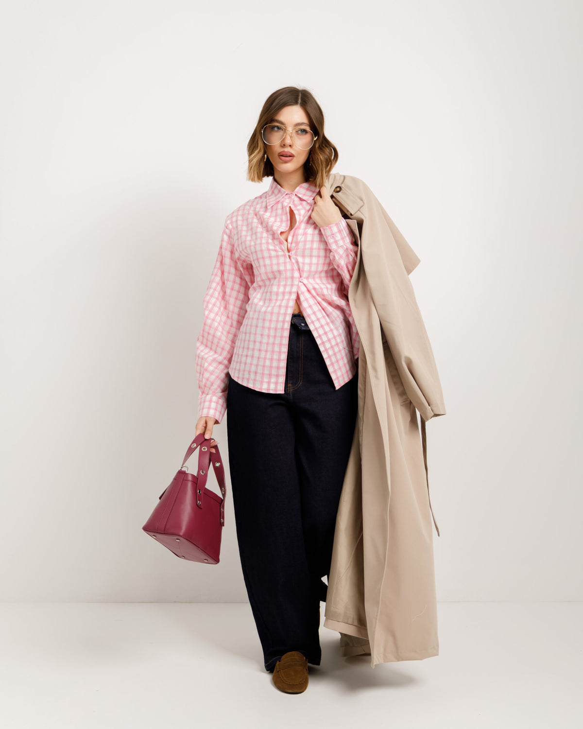 Camicia sagomata a quadri ROSA - H13587