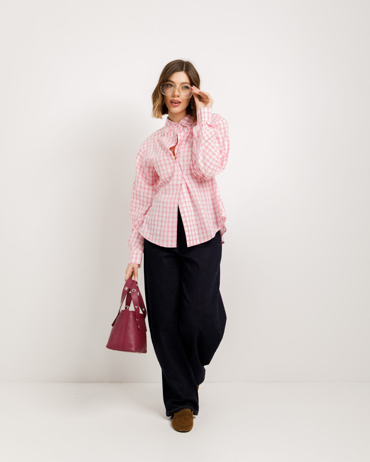 Camicia sagomata a quadri ROSA - H13587