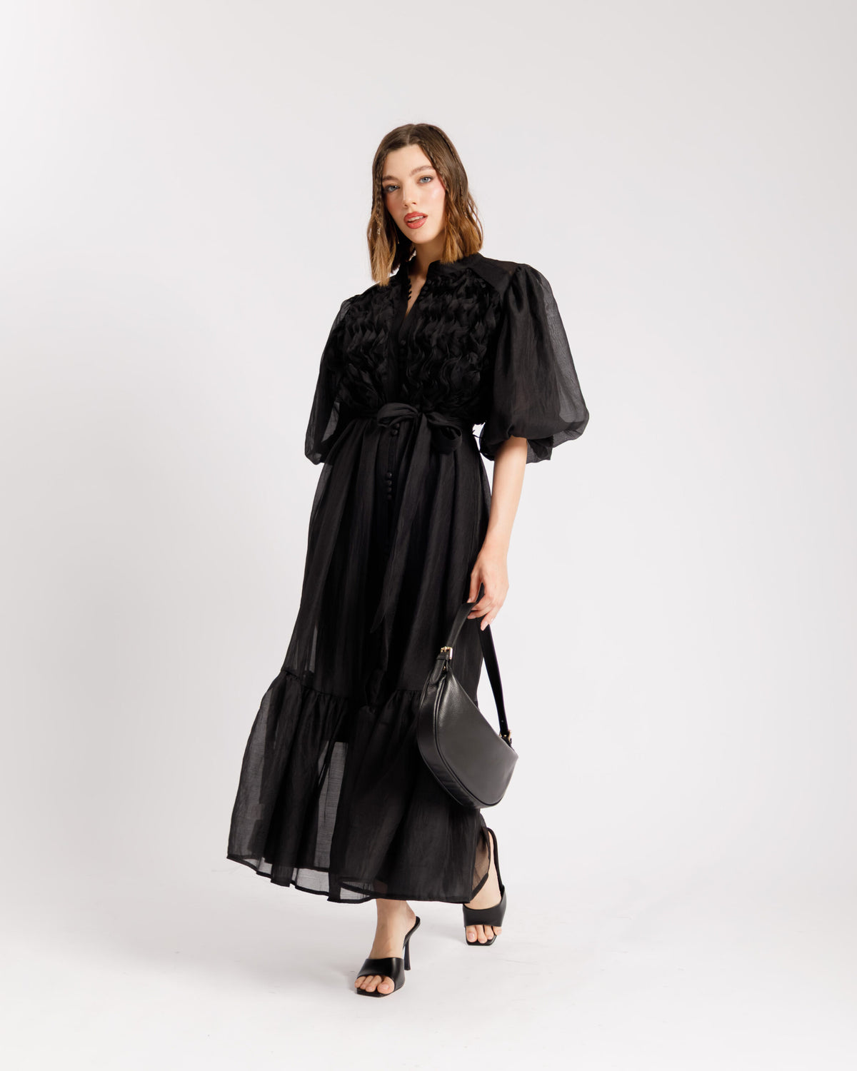 Abito lungo con rouches NERO - R15305