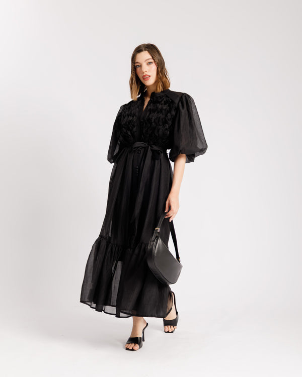 Abito lungo con rouches NERO - R15305