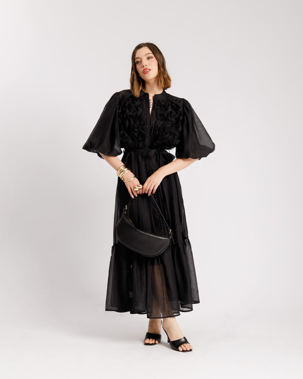 Abito lungo con rouches NERO - R15305