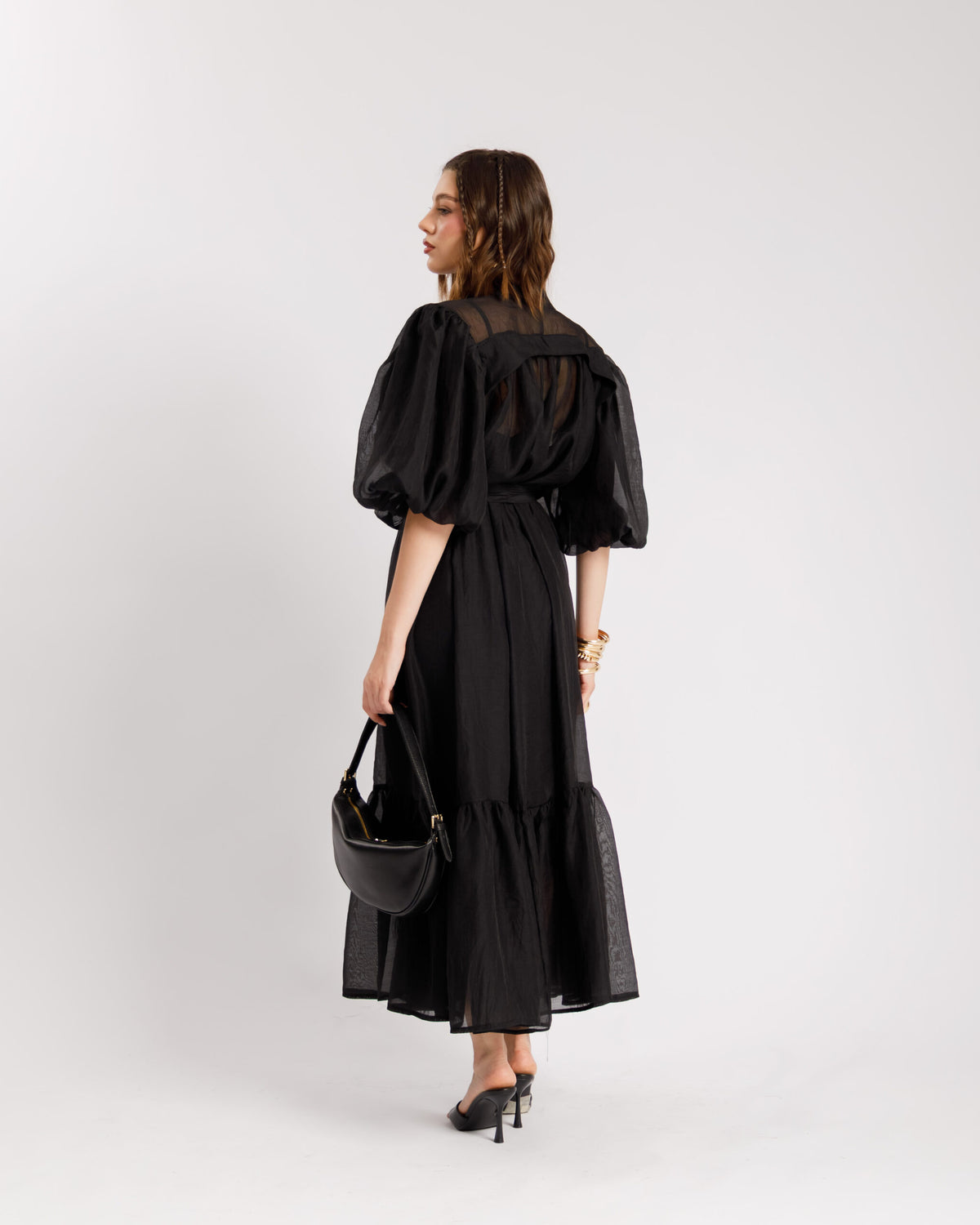 Abito lungo con rouches NERO - R15305
