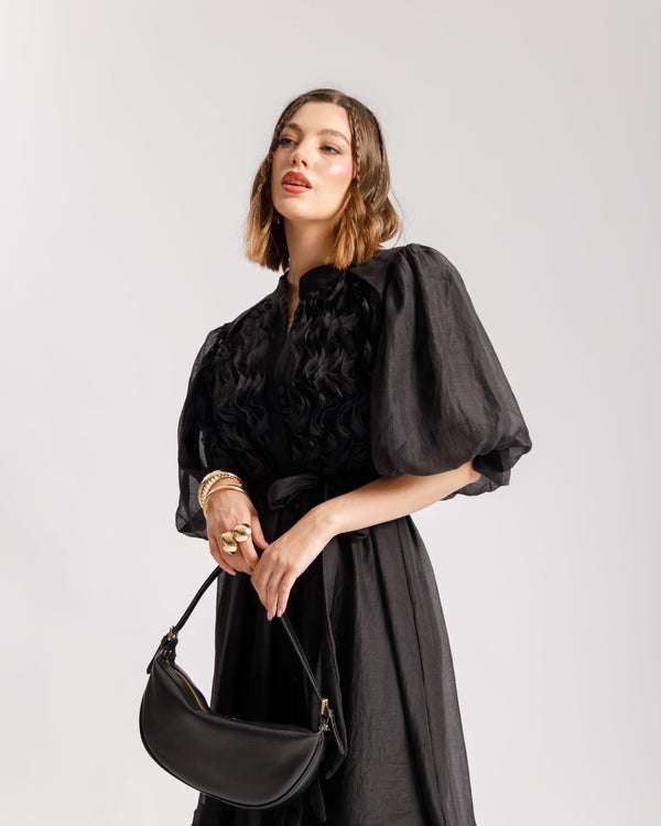 Abito lungo con rouches NERO - R15305