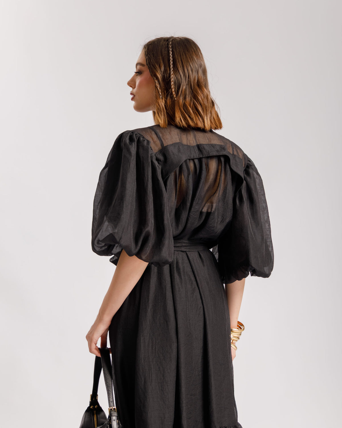Abito lungo con rouches NERO - R15305