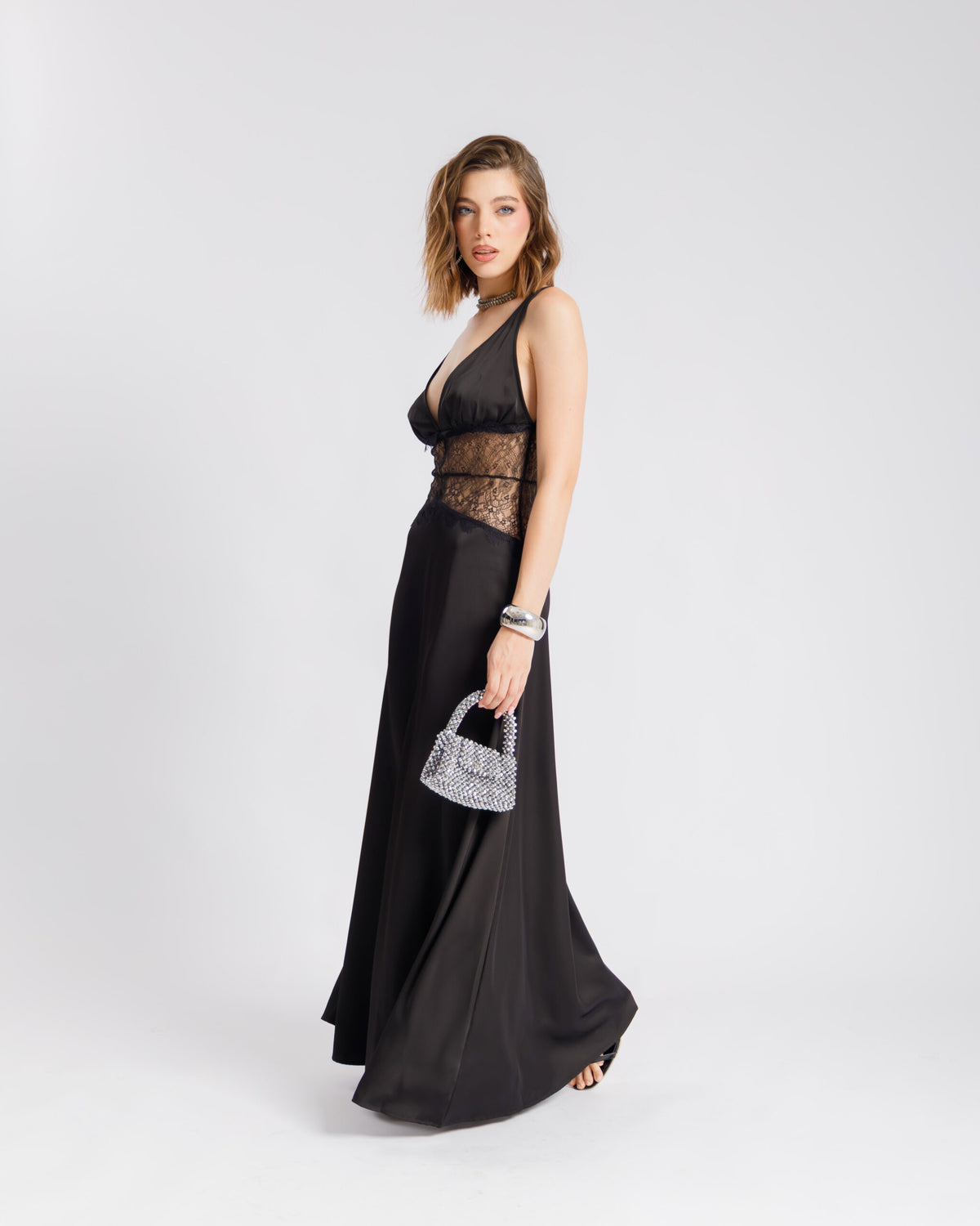 Abito lungo  satin e pizzo - U30522