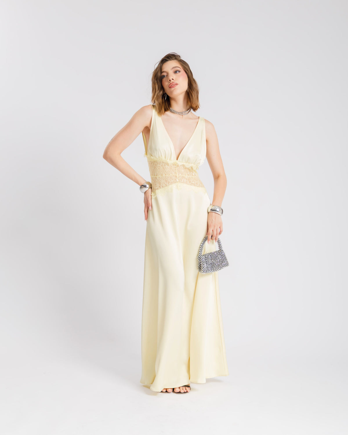 Abito lungo  satin e pizzo - U30522