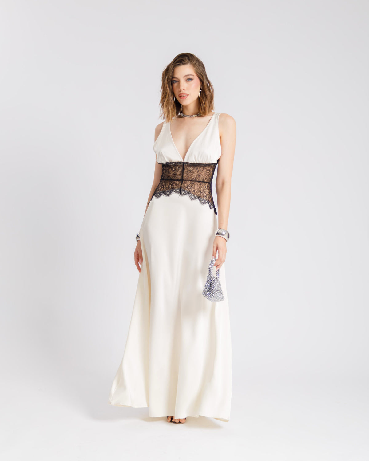Abito lungo  satin e pizzo - U30522